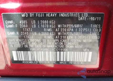 2012 Subaru Outback 2.5I Premium from USA, damaged, VIN 4S4BRBCC5C3219566